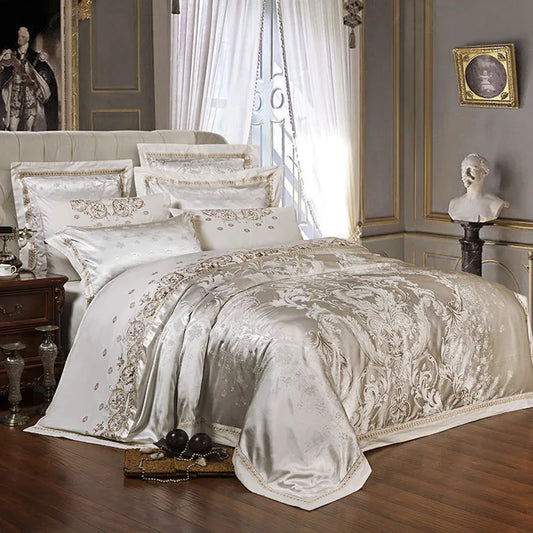 Silver Gold Jacquard Silk Bedding Set