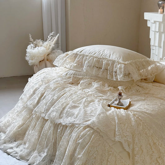 Beige Lace Cotton Bedding Set