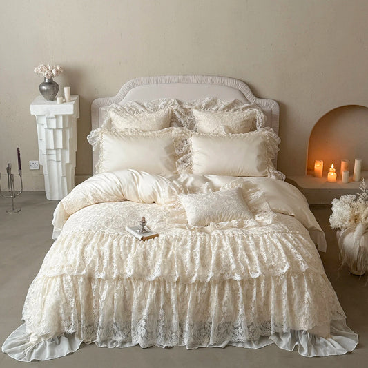 Beige Lace Cotton Bedding Set