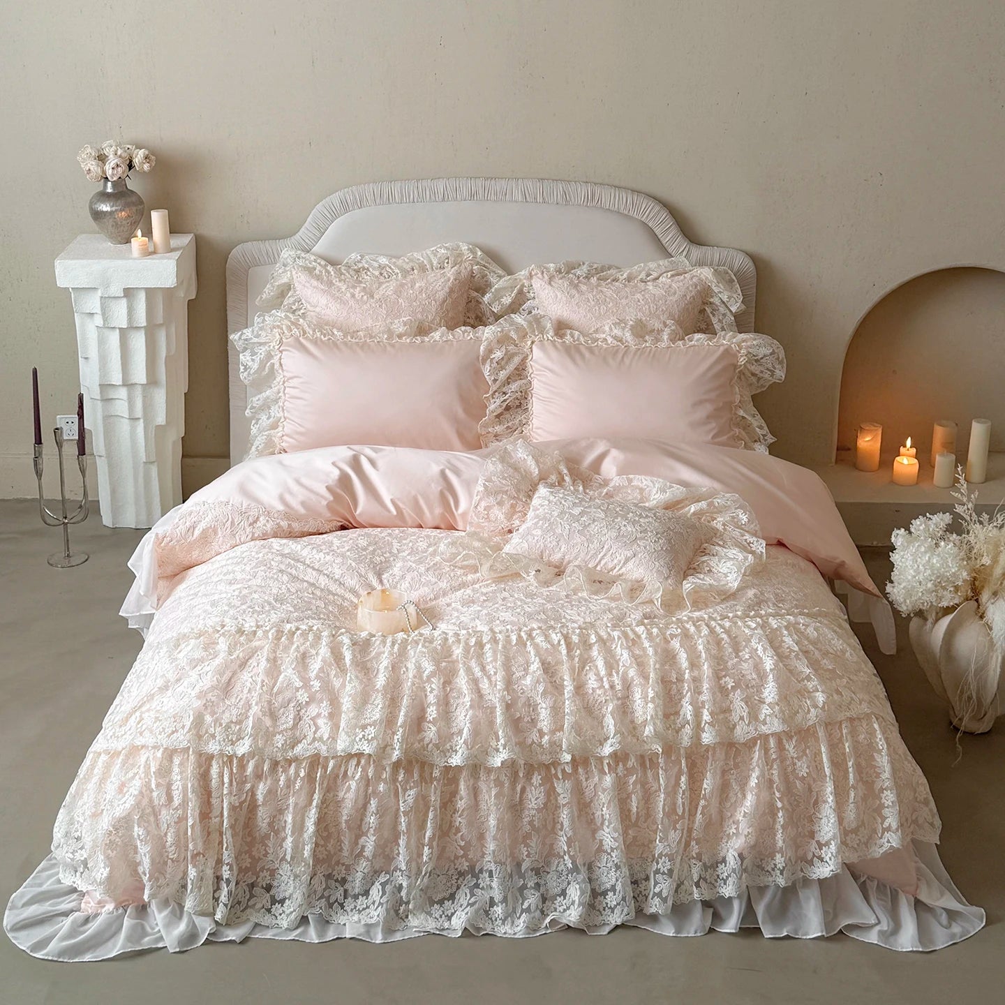 Beige Lace Cotton Bedding Set