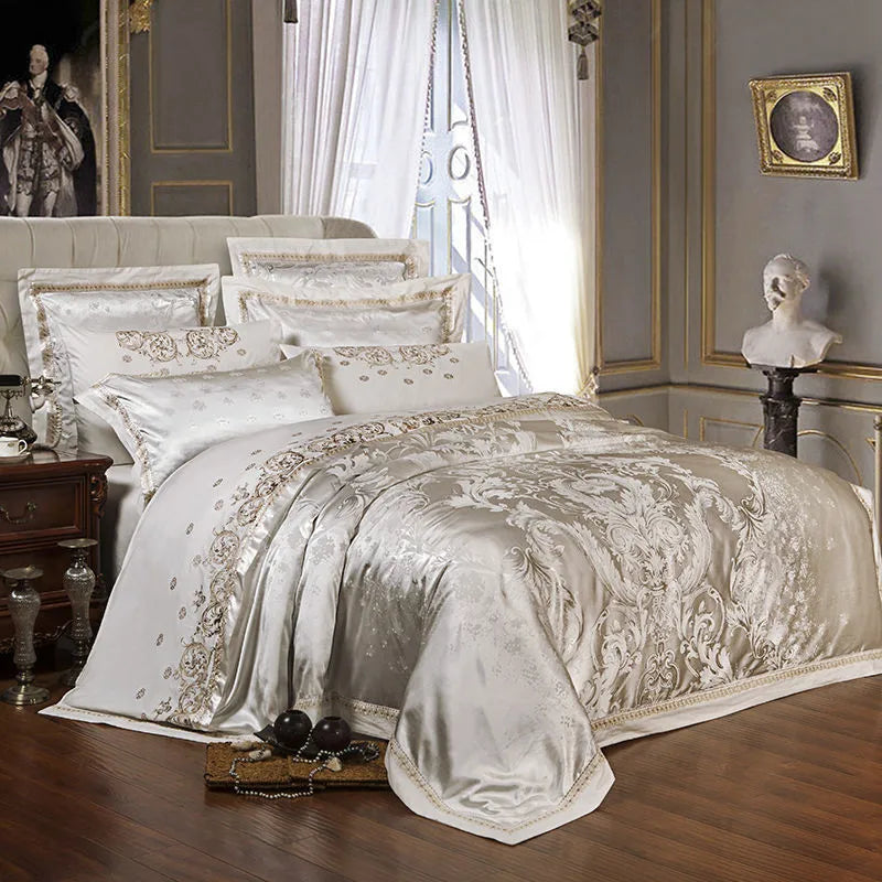 Silver Gold Jacquard Silk Bedding Set