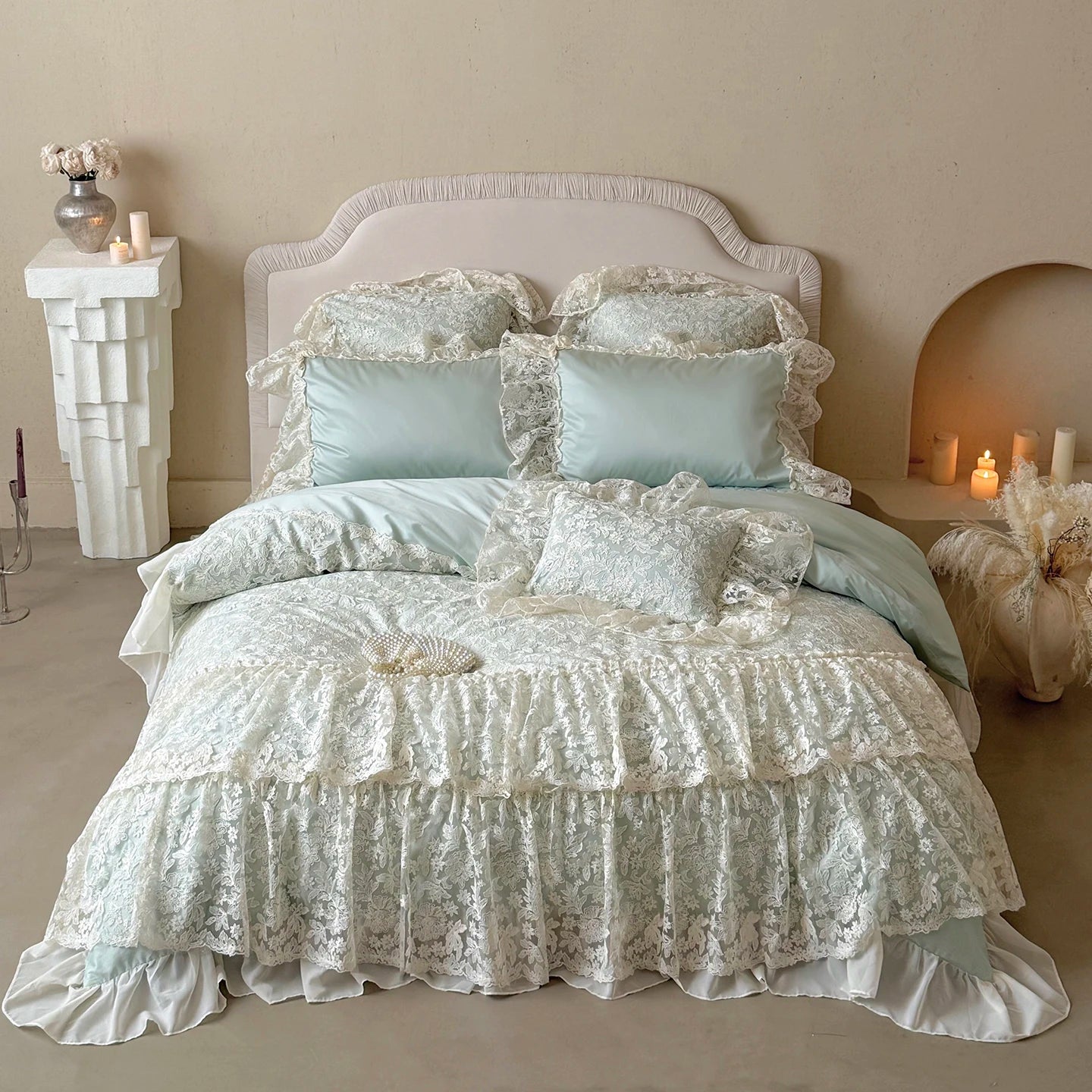 Beige Lace Cotton Bedding Set