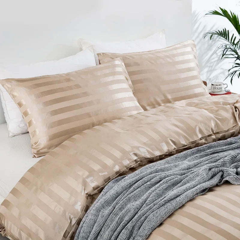 Khaki Striped Satin Duvet Set
