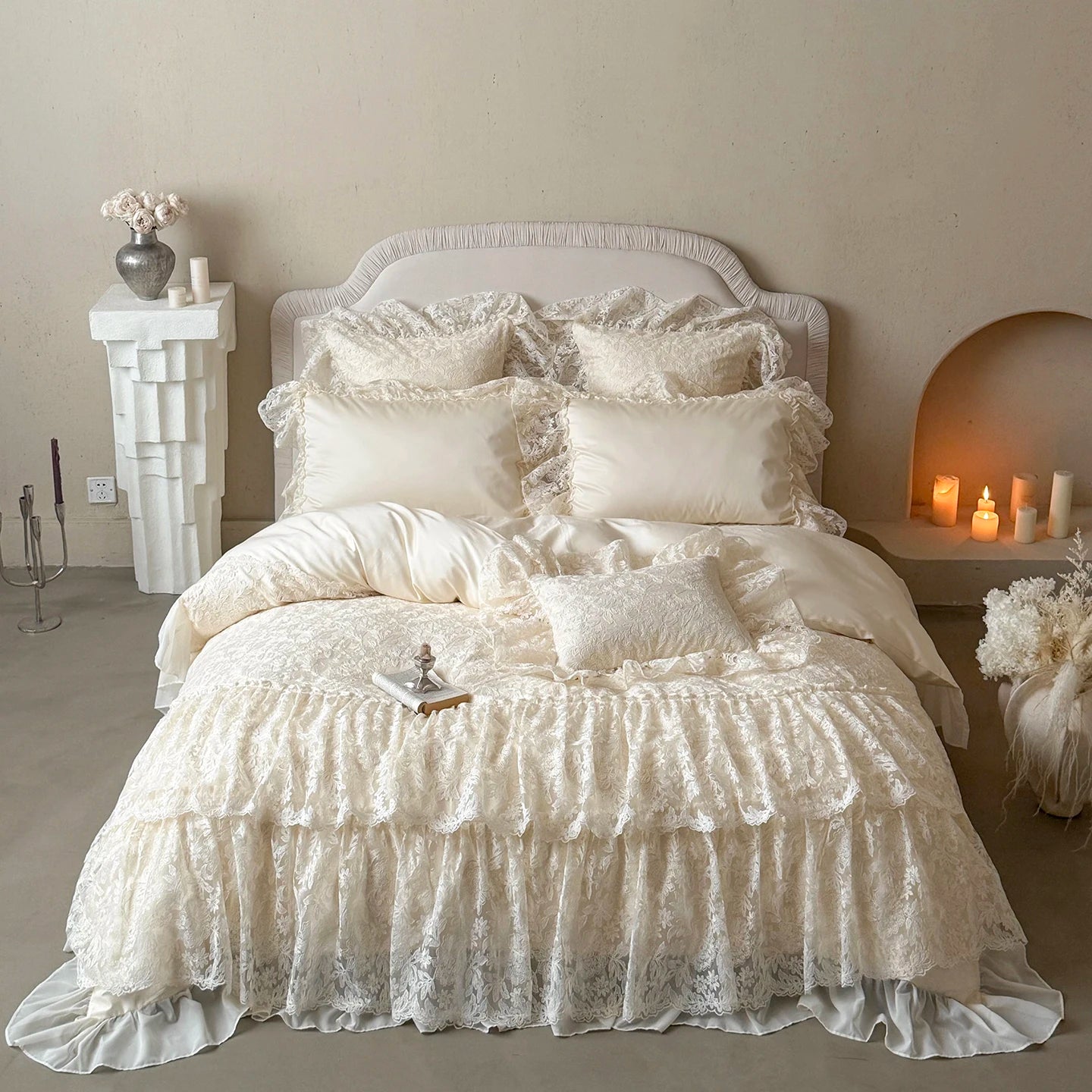 Beige Lace Cotton Bedding Set