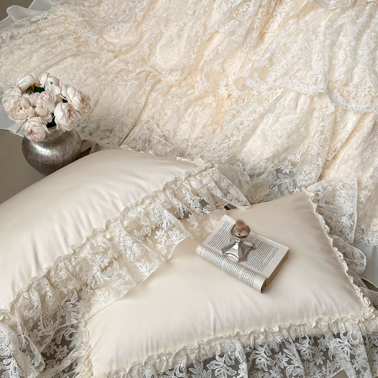 Beige Lace Cotton Bedding Set