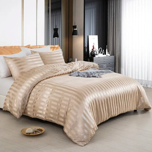 Khaki Striped Satin Duvet Set